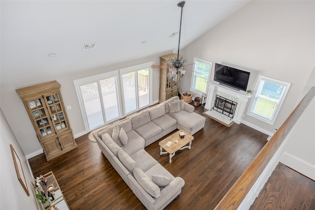 7 Long View Dr, Wading River, NY 11792 - living area featuring a high end fireplace, wood finished floors, and high vaulted ceiling