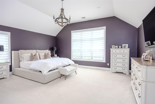7 Long View Dr, Wading River, NY 11792 - bedroom featuring vaulted ceiling, light carpet, multiple windows, and a chandelier
