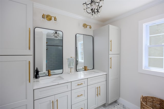 7 Long View Dr, Wading River, NY 11792 - full bath featuring a chandelier, double vanity, tiled shower, and crown molding
