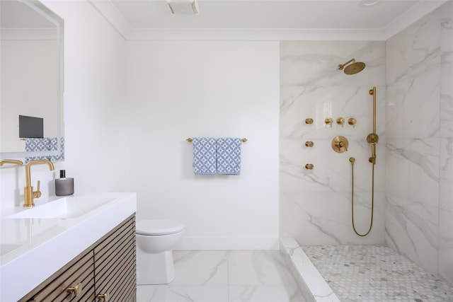 7 Long View Dr, Wading River, NY 11792 - full bathroom with marble finish floors, ornamental molding, a marble finish shower, and vanity