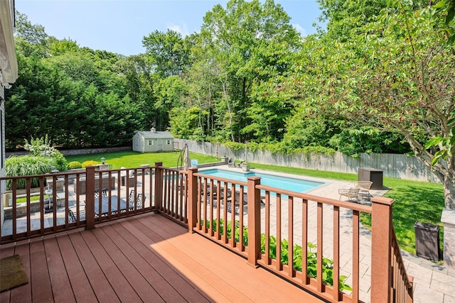 7 Long View Dr, Wading River, NY 11792 - wooden terrace featuring a shed, a fenced backyard, and a patio