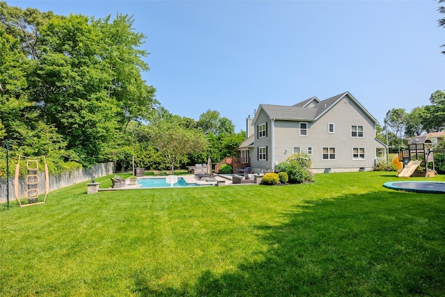 7 Long View Dr, Wading River, NY 11792 - fenced backyard featuring an outdoor hangout area, a patio, and a playground