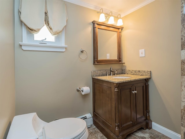 1 Barry Dr, Glen Cove, NY 11542 - bathroom featuring baseboard heating, vanity, and crown molding