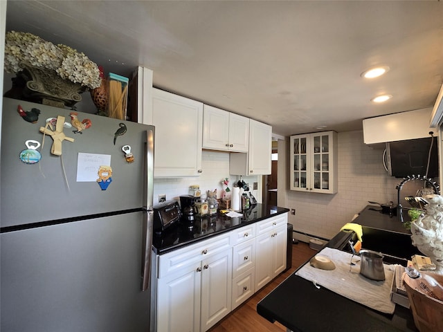 248 Pound Ridge Rd, Bedford, NY 10506 - kitchen featuring freestanding refrigerator, white cabinetry, glass insert cabinets, and dark wood-style floors