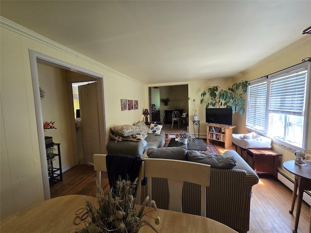 248 Pound Ridge Rd, Bedford, NY 10506 - living room featuring hardwood / wood-style flooring, crown molding, and a baseboard heating unit