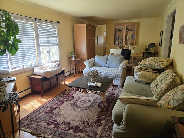 248 Pound Ridge Rd, Bedford, NY 10506 - living room with a baseboard radiator, light wood-style flooring, and crown molding