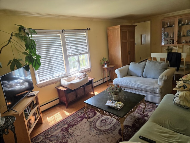 248 Pound Ridge Rd, Bedford, NY 10506 - living room featuring baseboard heating, crown molding, and wood finished floors