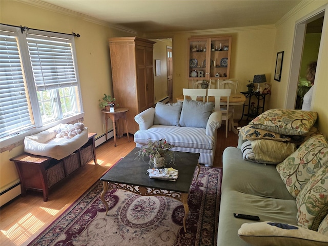 248 Pound Ridge Rd, Bedford, NY 10506 - living area with ornamental molding, light wood-style floors, and a baseboard radiator