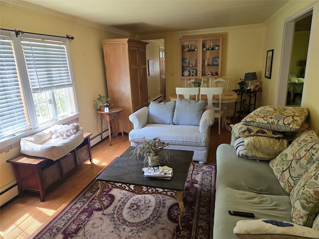 248 Pound Ridge Rd, Bedford, NY 10506 - living room with crown molding, wood finished floors, a baseboard heating unit, and a baseboard radiator