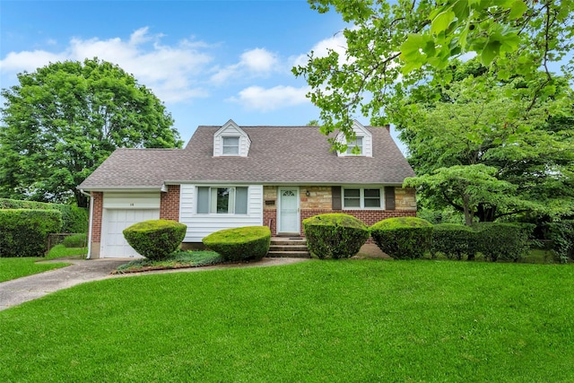 14 Byre Pl, Commack, NY 11725 - cape cod house featuring a front yard, a garage, concrete driveway, brick siding, and a shingled roof