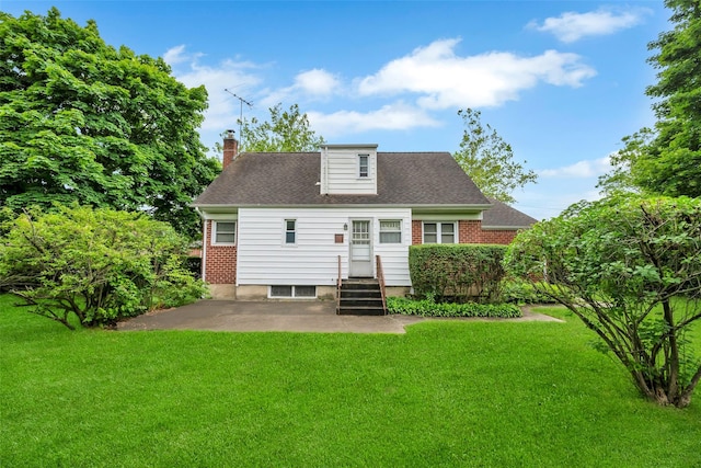 14 Byre Pl, Commack, NY 11725 - rear view of house with entry steps, a chimney, a yard, a patio area, and roof with shingles