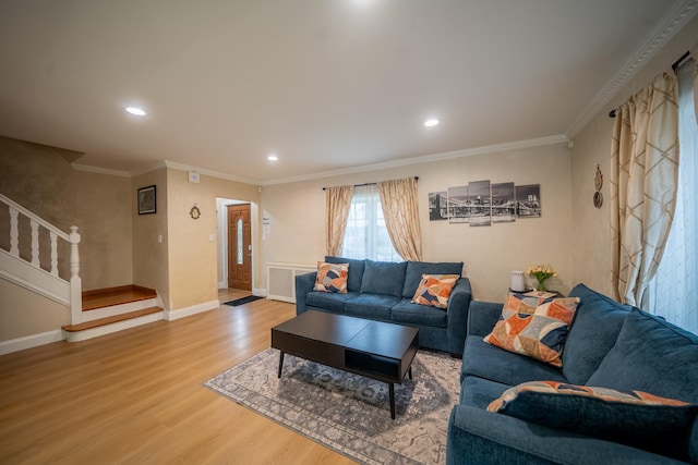 67-23 182nd St, Fresh Meadows, NY 11365 - living room featuring wood finished floors, stairway, crown molding, and recessed lighting