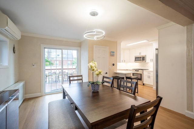 67-23 182nd St, Fresh Meadows, NY 11365 - dining room with light wood finished floors, an AC wall unit, ornamental molding, and a chandelier
