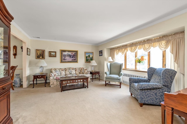 1182 Adrienne Ln, Seaford, NY 11783 - living area featuring radiator heating unit, ornamental molding, light colored carpet, and a baseboard heating unit