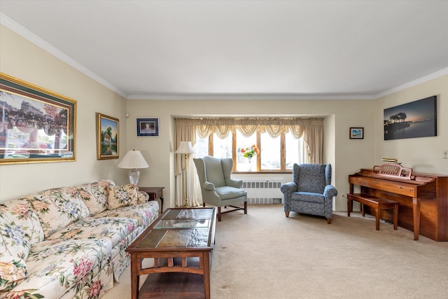 1182 Adrienne Ln, Seaford, NY 11783 - living room featuring radiator heating unit, crown molding, and carpet