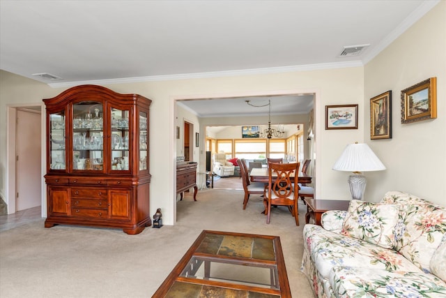 1182 Adrienne Ln, Seaford, NY 11783 - living area with crown molding, a chandelier, and light carpet