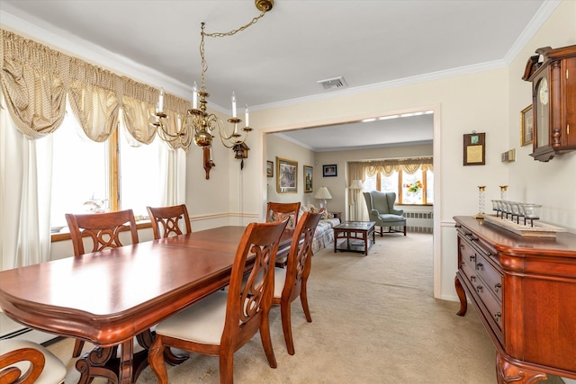 1182 Adrienne Ln, Seaford, NY 11783 - dining area with radiator, ornamental molding, and light carpet