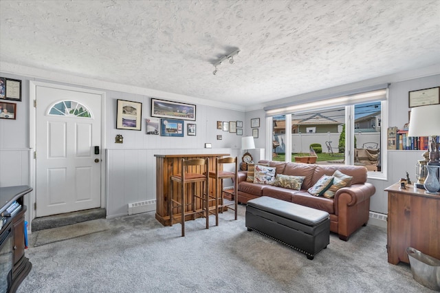 1182 Adrienne Ln, Seaford, NY 11783 - living area featuring healthy amount of natural light, a textured ceiling, carpet flooring, a dry bar, and a decorative wall