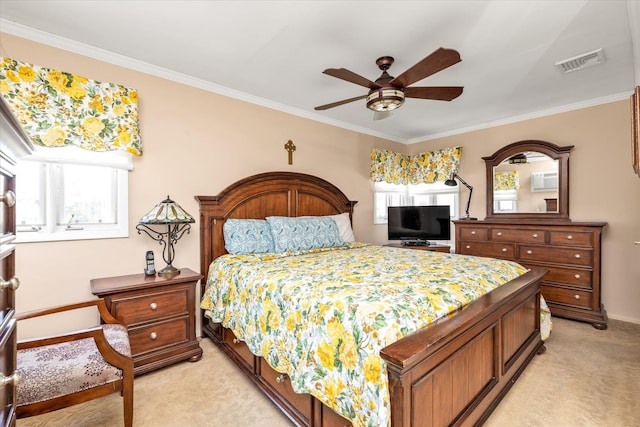 1182 Adrienne Ln, Seaford, NY 11783 - bedroom with light colored carpet, multiple windows, crown molding, and ceiling fan