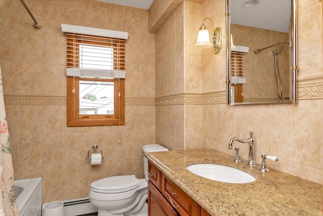 1182 Adrienne Ln, Seaford, NY 11783 - full bath featuring a baseboard radiator, vanity, tile walls, shower / bath combination with curtain, and decorative backsplash