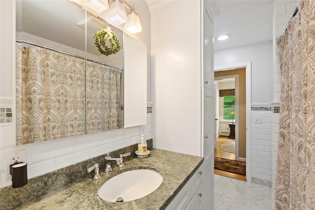 1 Hawthorne Ct, North Salem, NY 10560 - bathroom with vanity, marble finish flooring, recessed lighting, and a baseboard heating unit