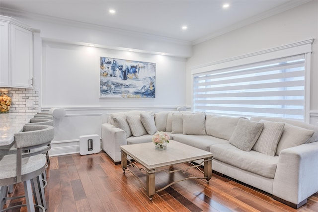 114 Atlantic Ave Unit 82, Lynbrook, NY 11563 - living room featuring ornamental molding, wood-type flooring, a wainscoted wall, and recessed lighting