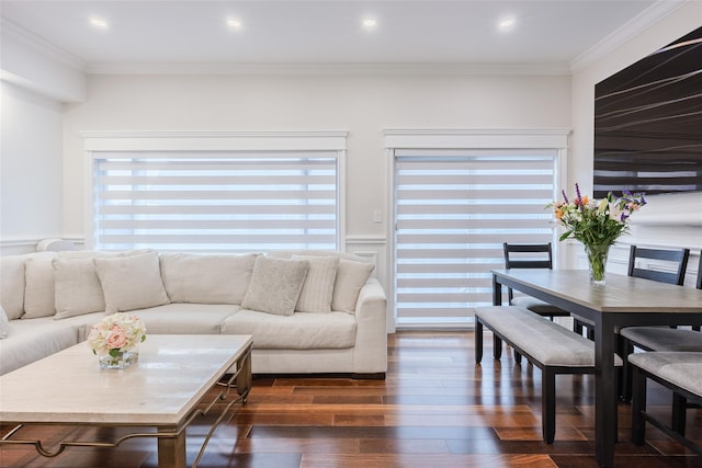 114 Atlantic Ave Unit 82, Lynbrook, NY 11563 - living room featuring dark wood-type flooring, ornamental molding, recessed lighting, and a wainscoted wall