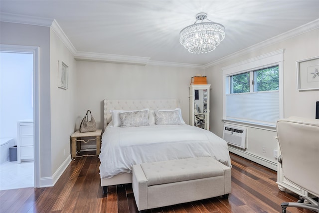 114 Atlantic Ave Unit 82, Lynbrook, NY 11563 - bedroom with dark wood finished floors, ornamental molding, a chandelier, and a baseboard radiator