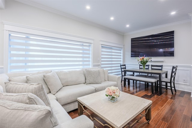 114 Atlantic Ave Unit 82, Lynbrook, NY 11563 - living room featuring dark wood-style flooring, crown molding, recessed lighting, and a wainscoted wall