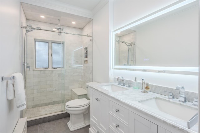 114 Atlantic Ave Unit 82, Lynbrook, NY 11563 - full bathroom with a stall shower, double vanity, crown molding, tile patterned flooring, and recessed lighting
