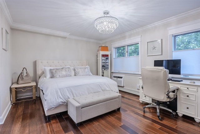114 Atlantic Ave Unit 82, Lynbrook, NY 11563 - bedroom with dark wood-style floors, multiple windows, a chandelier, baseboard heating, and crown molding