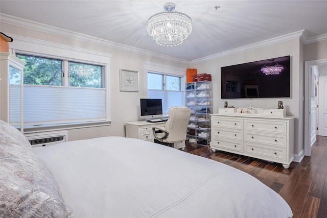 114 Atlantic Ave Unit 82, Lynbrook, NY 11563 - bedroom featuring dark wood-type flooring, a chandelier, ornamental molding, a desk, and an AC wall unit