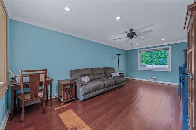72 Harris Ave, Hewlett, NY 11557 - living room with a ceiling fan, dark wood-style floors, ornamental molding, and recessed lighting