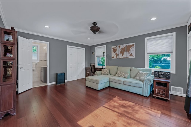 72 Harris Ave, Hewlett, NY 11557 - living area featuring wood finished floors, ceiling fan, crown molding, and recessed lighting