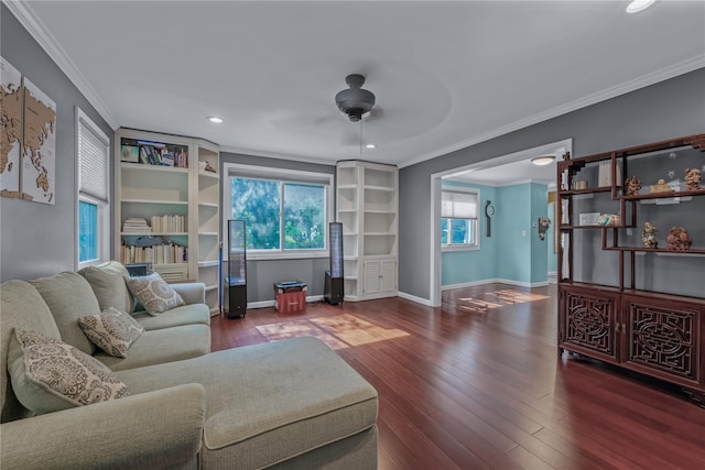 72 Harris Ave, Hewlett, NY 11557 - living area featuring a ceiling fan, crown molding, wood finished floors, and recessed lighting