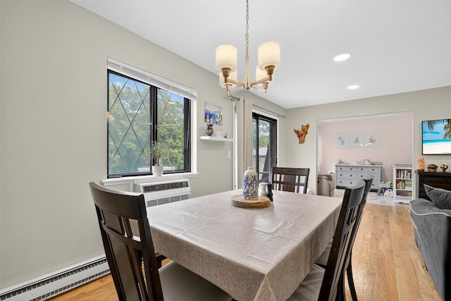 129 Main St Unit D12, Cornwall, NY 12518 - dining room featuring a baseboard radiator, a chandelier, light wood-style floors, and recessed lighting