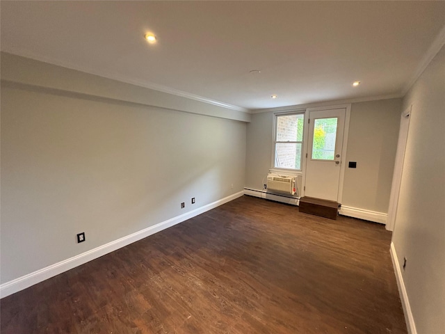 596 Broadway Unit 10A, Lynbrook, NY 11563 - unfurnished room featuring ornamental molding, dark wood-style flooring, a baseboard heating unit, and recessed lighting