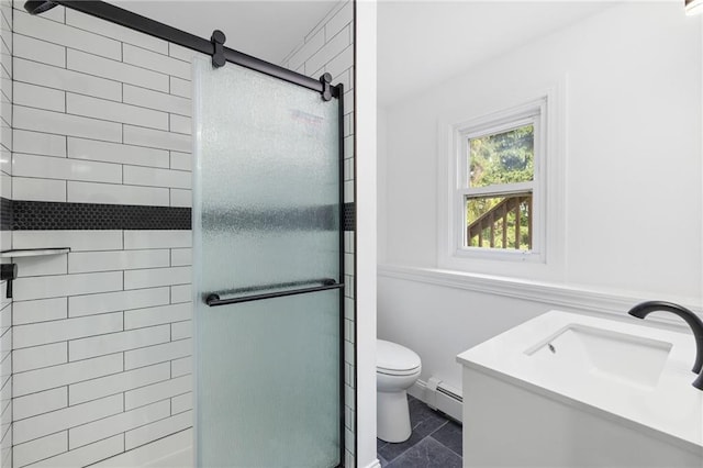 52 Broadway, Piermont, NY 10968 - bathroom with a shower stall, a baseboard radiator, and vanity