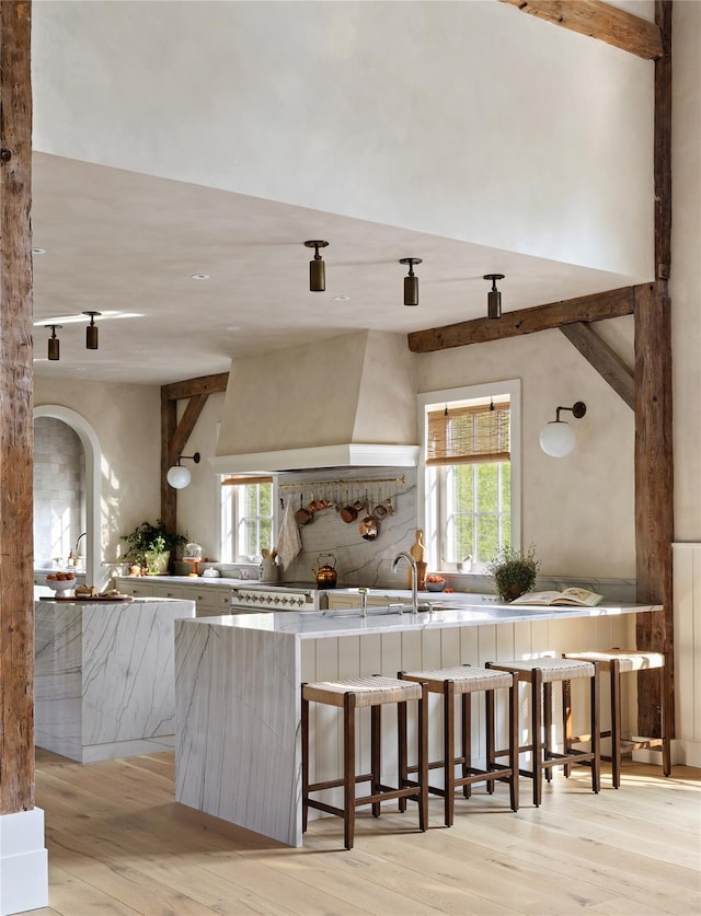 1174 Potter Mountain Rd, Gilboa, NY 12076 - kitchen featuring light wood finished floors, healthy amount of natural light, custom exhaust hood, and decorative backsplash