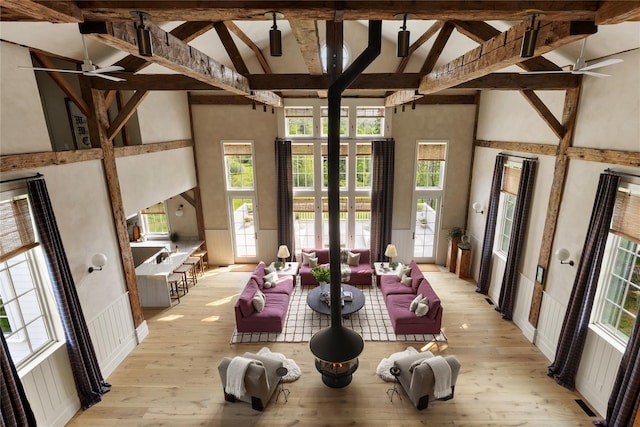 1174 Potter Mountain Rd, Gilboa, NY 12076 - dining space featuring ceiling fan, beam ceiling, high vaulted ceiling, light wood-type flooring, and plenty of natural light