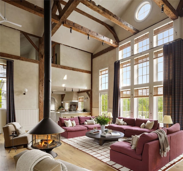 1174 Potter Mountain Rd, Gilboa, NY 12076 - living room with high vaulted ceiling, a wood stove, wood-type flooring, and beamed ceiling