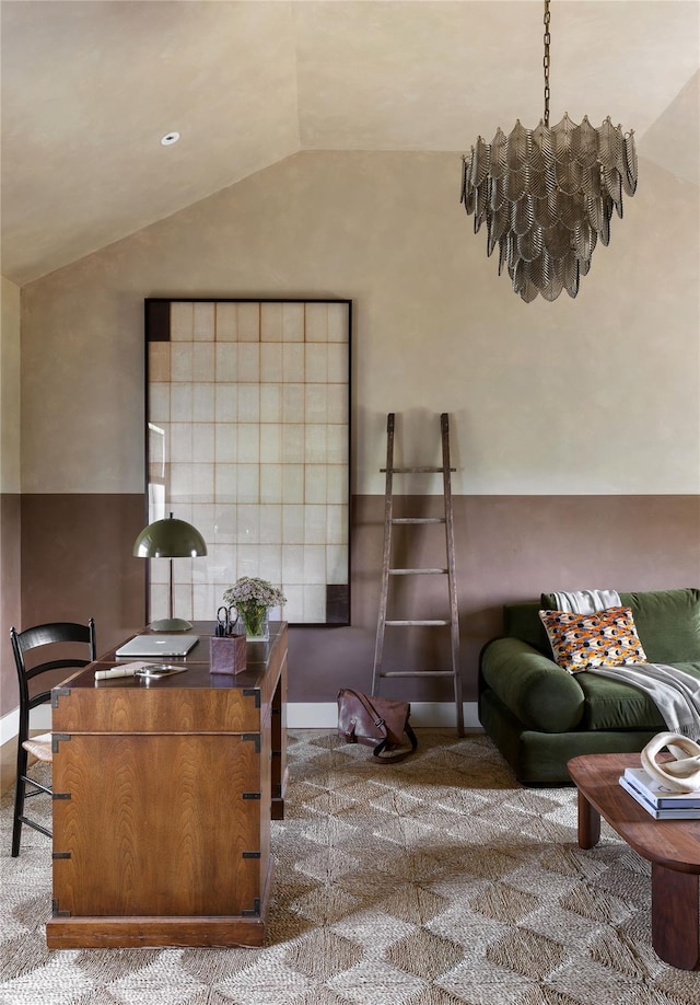 1174 Potter Mountain Rd, Gilboa, NY 12076 - living area featuring carpet floors, vaulted ceiling, and a desk