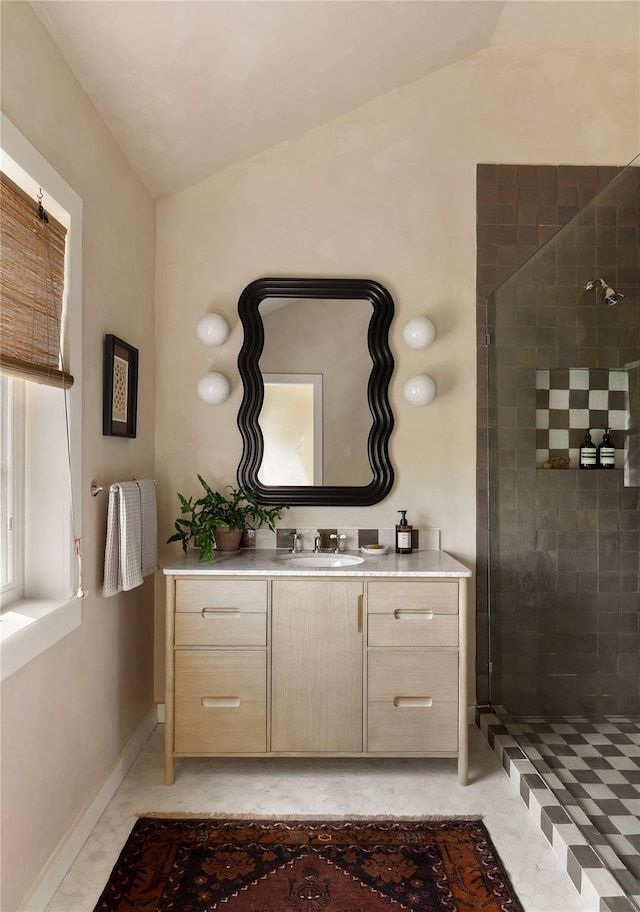 1174 Potter Mountain Rd, Gilboa, NY 12076 - bathroom featuring lofted ceiling, tiled shower, and vanity