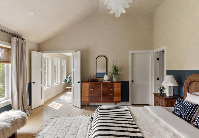 1174 Potter Mountain Rd, Gilboa, NY 12076 - bedroom featuring high vaulted ceiling and light wood-style floors