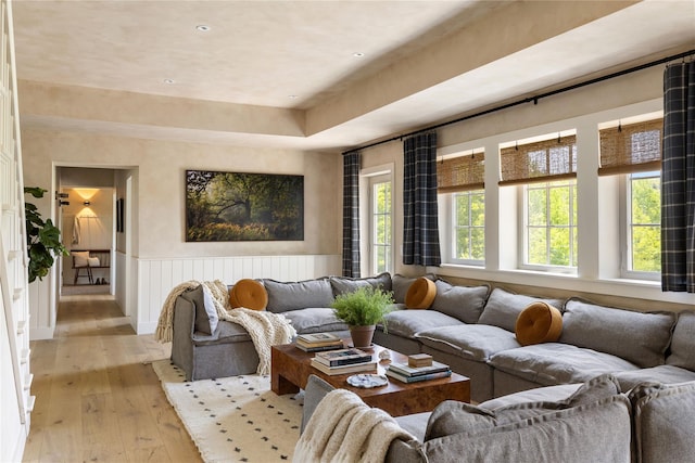 1174 Potter Mountain Rd, Gilboa, NY 12076 - living area with light wood-style flooring, a wainscoted wall, and recessed lighting