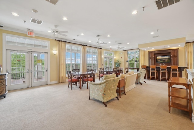 2602 Hawthorn Way, New Windsor, NY 12553 - living area featuring crown molding, a ceiling fan, recessed lighting, light carpet, and french doors