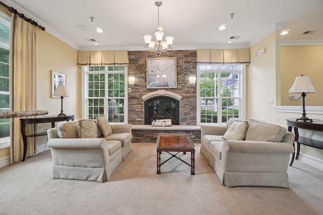 2602 Hawthorn Way, New Windsor, NY 12553 - living room featuring light colored carpet, ornamental molding, a fireplace, a chandelier, and recessed lighting