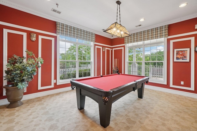 2602 Hawthorn Way, New Windsor, NY 12553 - recreation room featuring ornamental molding, healthy amount of natural light, billiards, recessed lighting, and light colored carpet