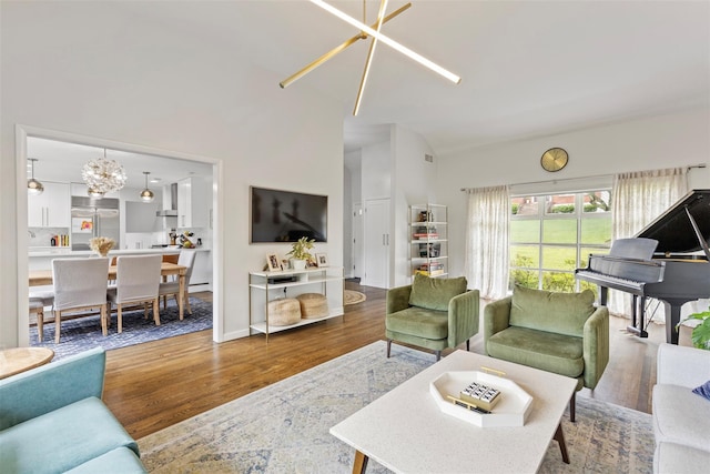 8 Sylvan Ln, Scarsdale, NY 10583 - living room featuring a chandelier, wood finished floors, and a high ceiling