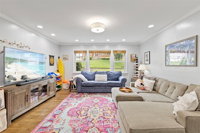 8 Sylvan Ln, Scarsdale, NY 10583 - living area with light wood-style flooring, recessed lighting, and crown molding